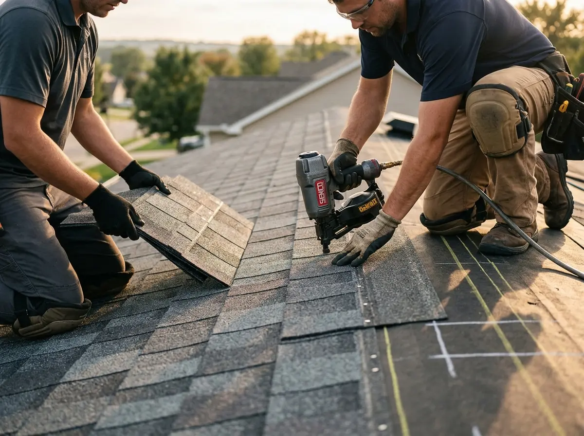 Professional roofer working on a residential roof in St. John